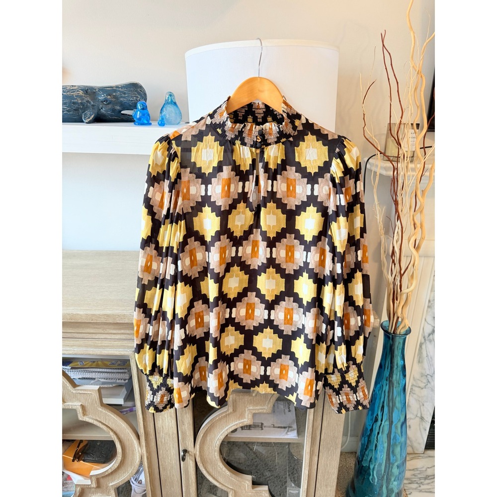Shoshanna Geometric Print Smocked Mock Neck Blouse Womens Yellow Black M